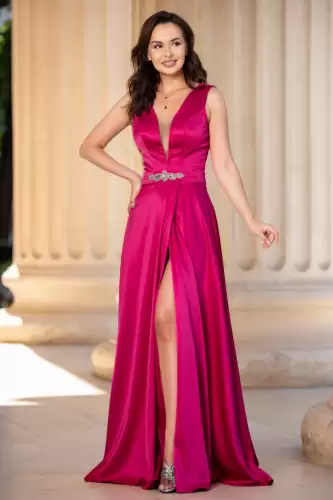 Rochie din tafta Ophelia fucsia lunga