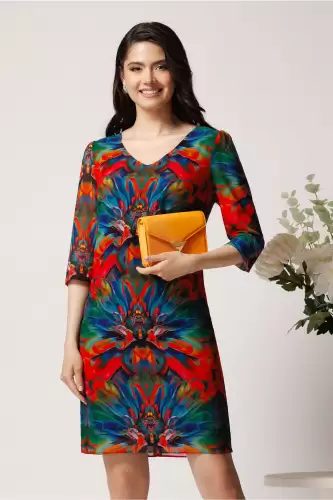 Rochie din viscoza albastra cu imprimeuri rosii