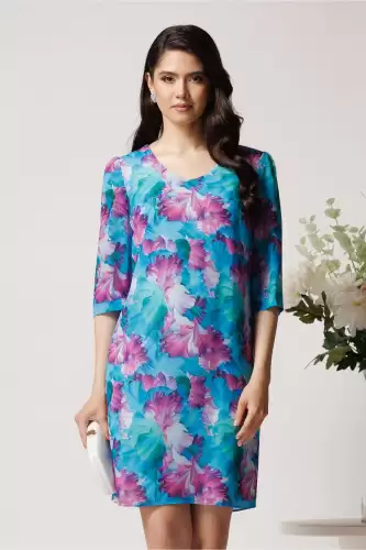 Rochie din viscoza turcoaz cu imprimeuri lila