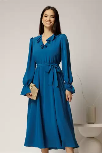 Rochie DY Fashion albastru petrol din voal plin cu decolteu in V si volanase