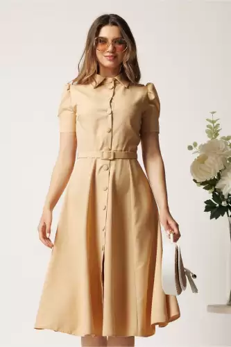 Rochie DY Fashion bej in clos cu nasturi si curea in talie