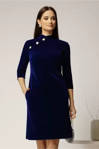 Rochie DY Fashion bleumarin din catifea fixa cu guler tunica si nasturi