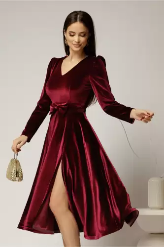 Rochie DY Fashion bordo din catifea cu decolteu in V si funda in talie