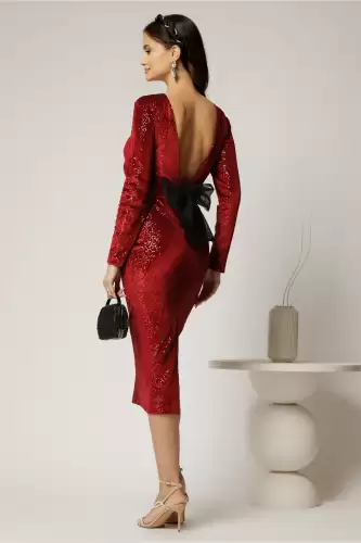 Rochie DY Fashion bordo din catifea cu paiete si funda maxi la spate