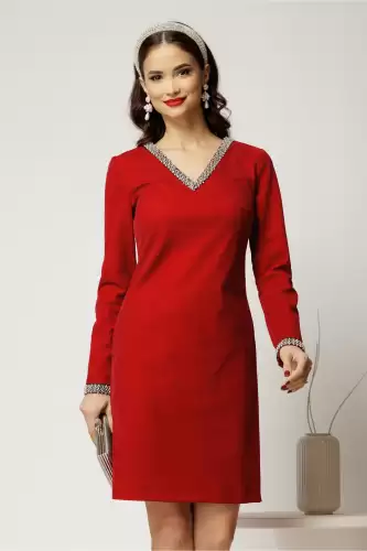 Rochie DY Fashion bordo din catifea fixa cu perle la decolteu si maneci