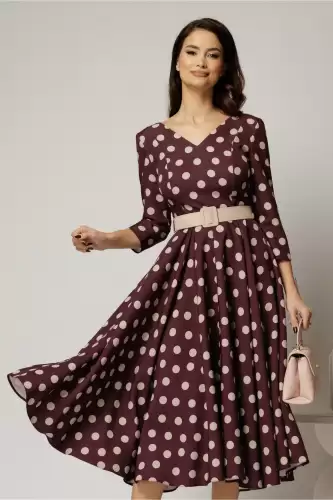 Rochie DY Fashion clos bordo cu buline bej cu decolteu in V si curea