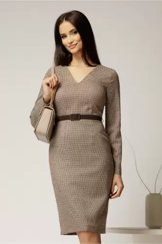 Rochie DY Fashion conica din stofa carou negru maro si curea in talie