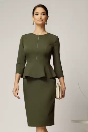 Rochie DY Fashion conica kaki cu peplum si fermoar metalic