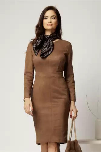 Rochie DY Fashion conica maro din piele intoarsa