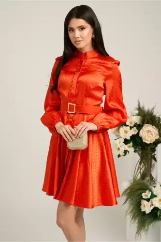 Rochie Dy Fashion corai cu buline in relief si curea in talie