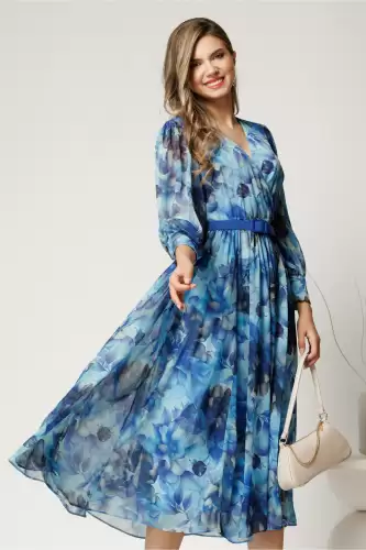 Rochie DY Fashion cu imprimeu albastru din voal cu decolteu petrecut