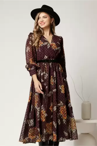 Rochie DY Fashion cu imprimeu din voal cu buline catifelate cu decolteu petrecut