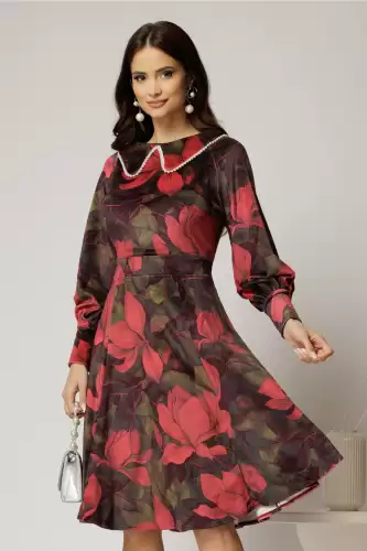 Rochie DY Fashion din catifea cu print rosu si perle la guler