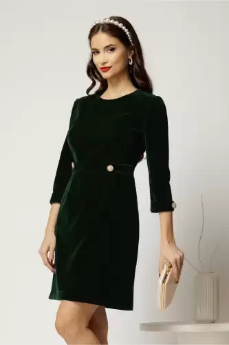 Rochie DY Fashion din catifea fixa verde cu nasturi pe talie