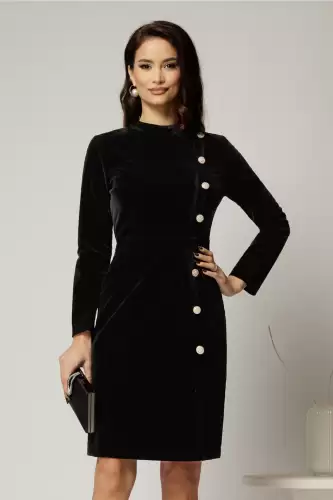 Rochie DY Fashion din catifea neagra cu nasturi pe o parte
