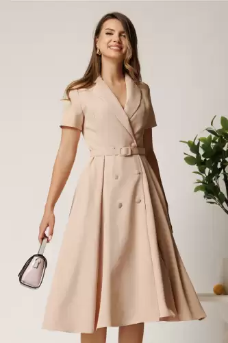 Rochie DY Fashion din stofa bej cu nasturi si curea in talie