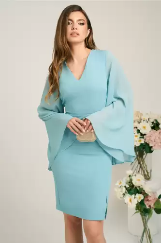 Rochie DY Fashion din stofa bleu cu maneci ample din voal