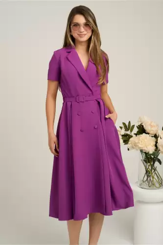 Rochie DY Fashion din stofa mov cu nasturi si curea in talie