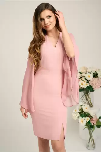 Rochie DY Fashion din stofa roz cu maneci ample din voal