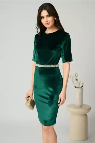 Rochie DY Fashion eleganta din catifea verde cu perle in talie