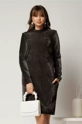 Rochie DY Fashion gri dreapta din catifea velurata