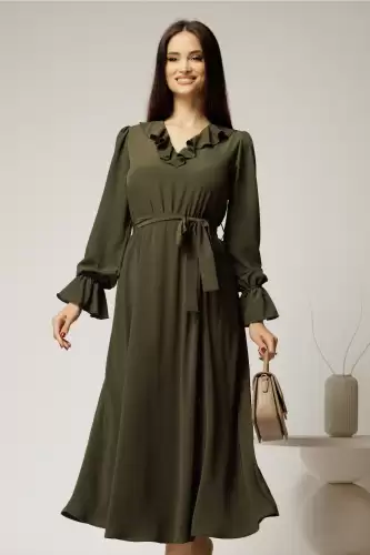 Rochie DY Fashion kaki din voal plin cu decolteu in V si volanase