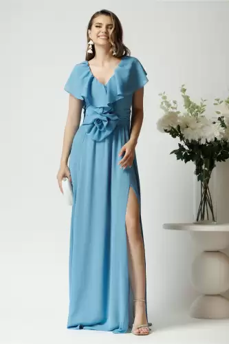Rochie DY Fashion lunga eleganta din voal bleu cu floare in talie si volan la bust