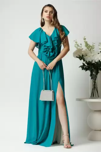 Rochie DY Fashion lunga eleganta din voal verde cu floare in talie si volan la bust