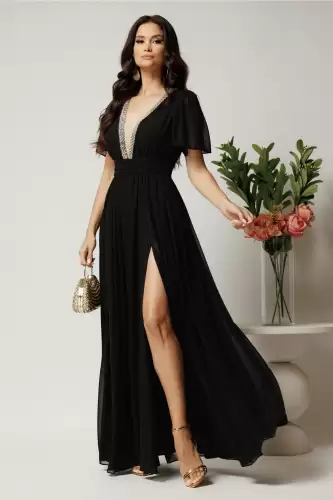 Rochie DY Fashion lunga neagra din voal in clos cu strasuri si tull la decolteu