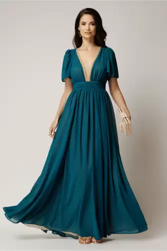 Rochie DY Fashion lunga turcoaz din voal in clos cu strasuri si tull la decolteu