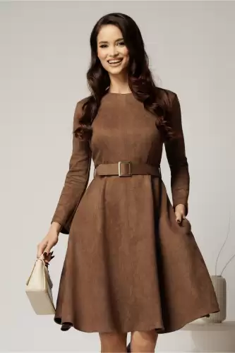 Rochie DY Fashion maro clos din piele intoarsa si curea in talie