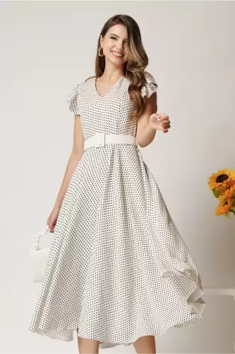 Rochie DY Fashion midi alba din stofa in clos cu buline si curea in talie