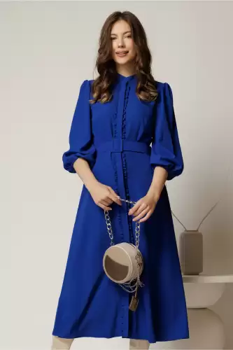 Rochie DY Fashion midi albastra cu maneci bufante si curea in talie