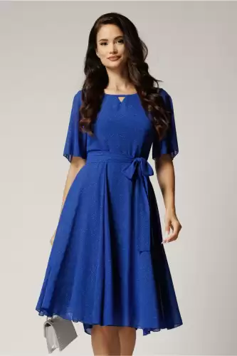 Rochie DY Fashion midi albastra din voal in clos cu glitter si cordon in talie