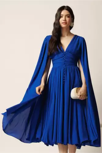 Rochie DY Fashion midi albastra din voal in clos cu nasturi si maneci ample