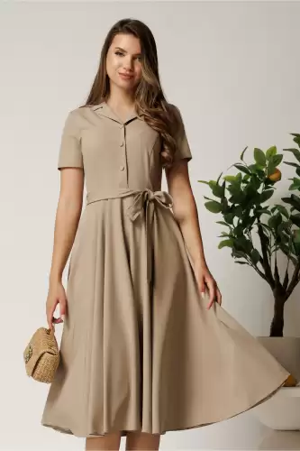 Rochie DY Fashion midi bej din stofa subtire cu cordon si buzunare