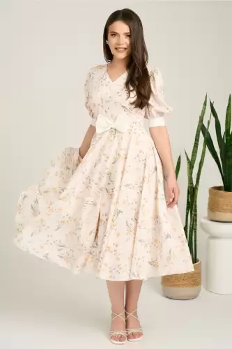 Rochie DY Fashion midi bej din voal in clos cu print floral si funda in talie