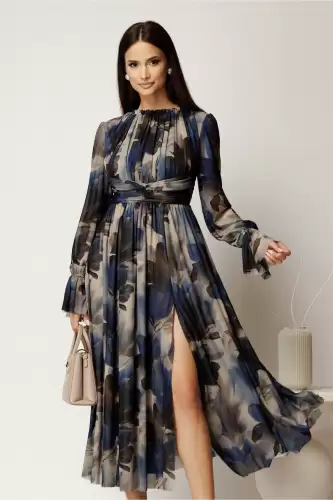 Rochie DY Fashion midi bleumarin cu imprimeu din tulle fin in clos cu crapatura pe picior