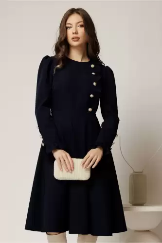 Rochie DY Fashion midi bleumarin cu nasturi si volanase la bust