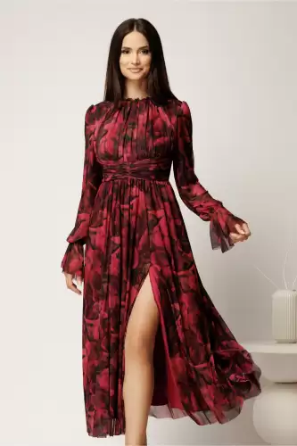 Rochie DY Fashion midi bordo cu imprimeu din tulle fin in clos cu crapatura pe picior