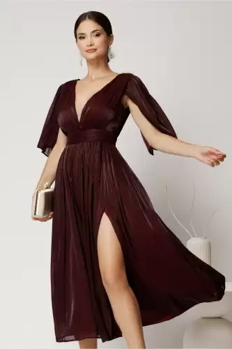 Rochie DY Fashion midi bordo din voal in clos cu aspect sidefat si maneci sparte