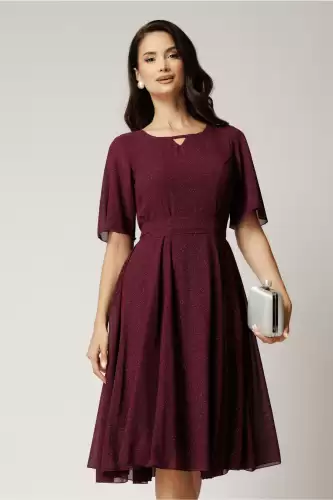 Rochie DY Fashion midi bordo din voal in clos cu glitter si cordon in talie
