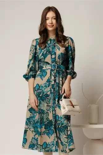 Rochie DY Fashion midi crem cu imprimeu turcoaz cu maneci bufante si curea in talie