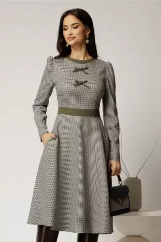 Rochie DY Fashion midi, cu imprimeu pepit kaki si fundite pe bust