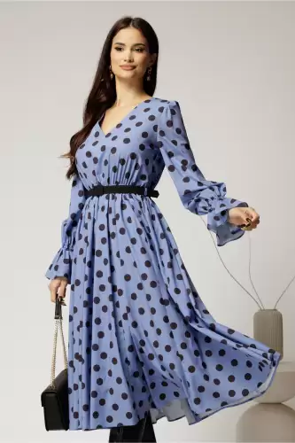 Rochie DY Fashion midi din voal bleu cu buline si curea in talie