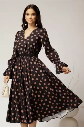 Rochie DY Fashion midi din voal negru cu buline si curea in talie