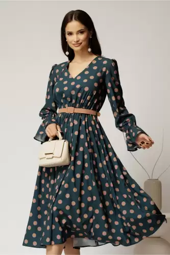 Rochie DY Fashion midi din voal turcoaz cu buline si curea in talie