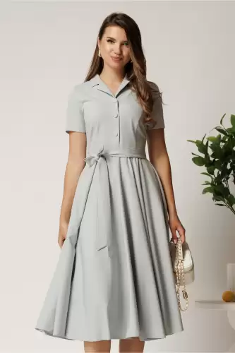 Rochie DY Fashion midi gri din stofa subtire cu cordon si buzunare