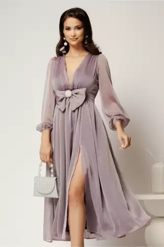 Rochie DY Fashion midi lila din voal in clos cu funda maxi in talie