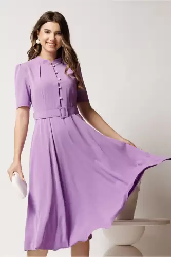Rochie DY Fashion midi lila in clos din triplu voal cu nasturi la bust si curea in talie